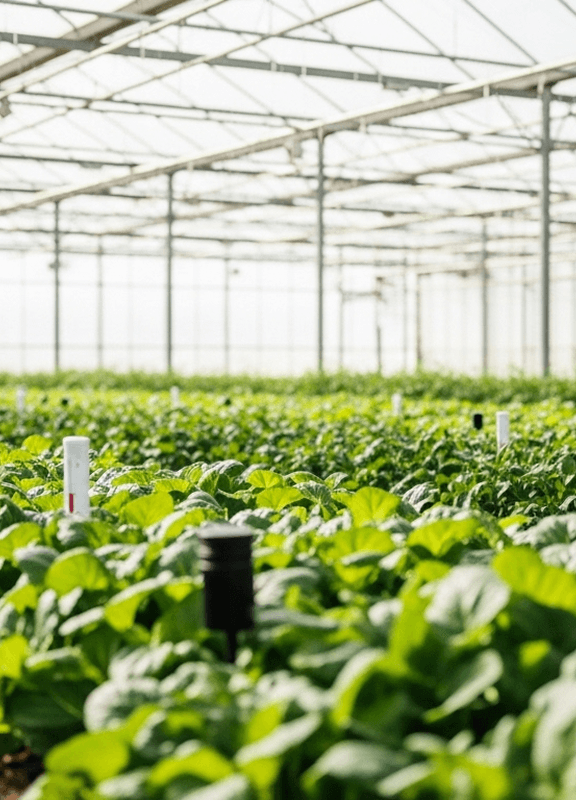 Modern greenhouse with healthy green plants and monitoring sensors