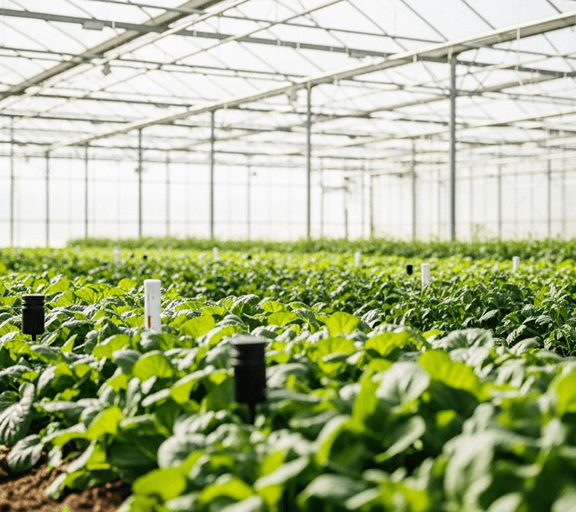 Modern greenhouse with green plants and automation systems